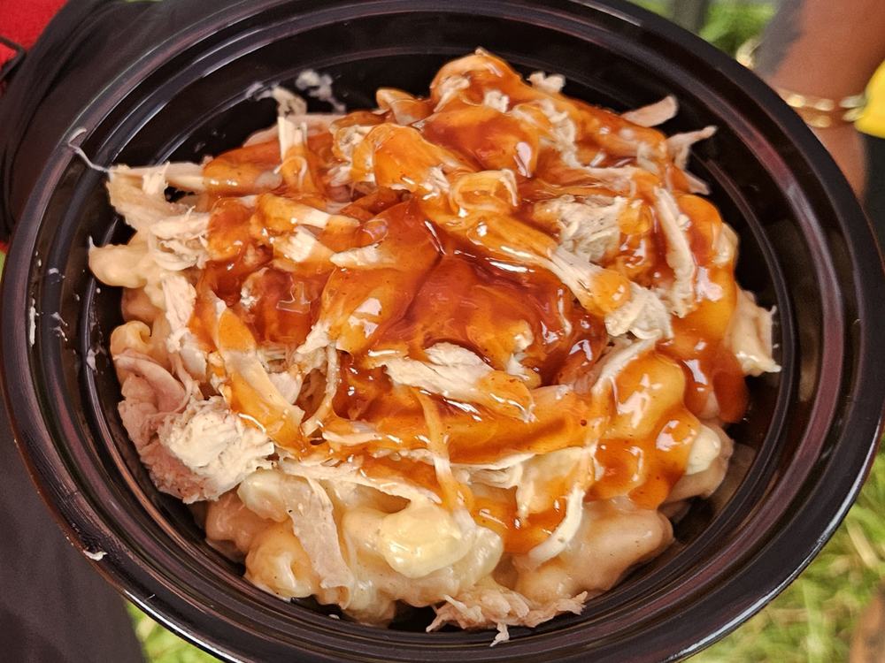 A bowl of mac and cheese topped with pulled chicken and sauce